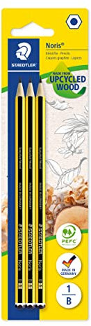 STAEDTLER Bleistift Noris 120, Made from Upcycled Wood, Härtegrad B, Rutschfeste Soft-Oberfläche, hohe Buchfestigkeit, hohe Qualität Made in Germany, Blisterkarte mit 3 Stück, 120-1BK3DA