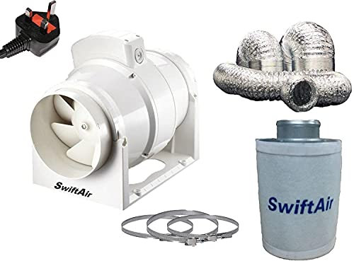 4 Carbon Filter, in Line Fan & Duct Kit - Hydroponic Tent Room Grow Ventilation (SMF100S 5m Alu)