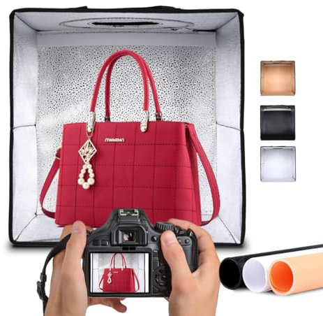 NK Scatola Box Fotografico (50x50cm) - 144 LED, 3 Temperature di Luce, Luminosità Regolabile x10, RA90, Piccoli Prodotti Gioielli, Maniglia per il Trasporto (3 Sfondi Colorati)