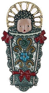 Zinnfigur Fatschenkind, H: 5,0 cm, handgegossen aus Zinn 93% (ohne Bleizusatz!), beidseitig handbemalt