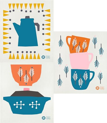 Trendy Tripper Sueco para paño de Cocina – Anna kovecses midcentury diseños – Set de 3 Eléctrica/Tazas/Cuencos