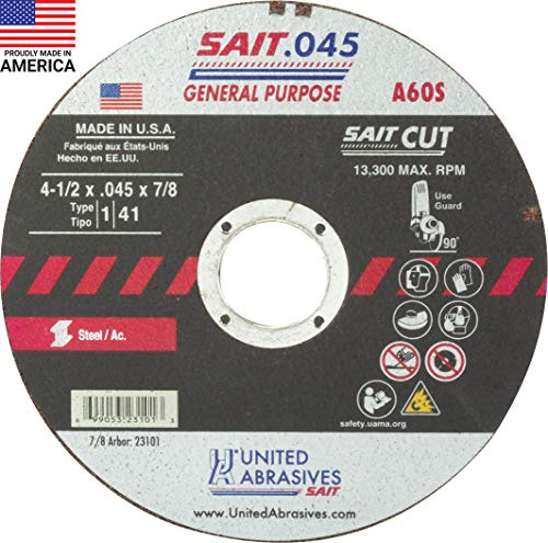 United Abrasives-SAIT 23101 A60S General Purpose Cut-Off Wheels (Type 1/Type 41 Flat) 4 1/2 x .045 x 7/8, 50-Pack