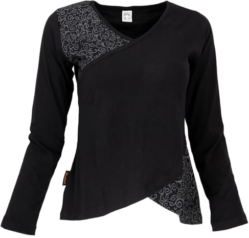Langarmshirt Boho-chic, Damen, Baumwolle, Wickeloptik Shirt, grün | Langärmliges Shirt, normale Passform, vielseitig kombinierbar, aus Nepal, Pflegehinweis: Handwäsche