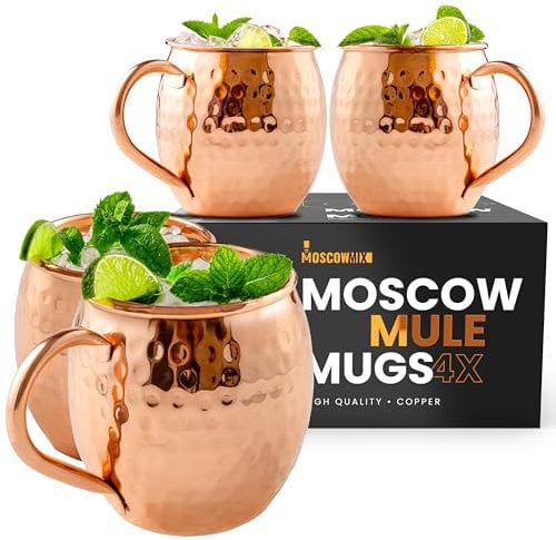 Moscow-Mix Moscow Mule Mugs - Set of 4-100% Pure Copper Mugs Large 16 oz - Food Safe - Premium Moscow Mule Cups Set of 4 - Solid Copper Cups Perfect Premium Gift