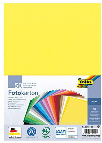 folia 614/50 09 - Fotokarton Mix, DIN A4, 300 g/m², 50 Blatt, sortiert in 10 Farben, zum Basteln und kreativen Gestalten von Karten, Fensterbildern und für Scrapbooking