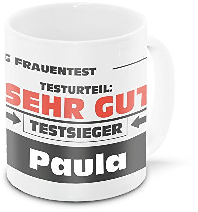 Namens-Tasse Paula mit Motiv Stiftung Frauentest, weiss | Freundschafts-Tasse - Namens-Tasse