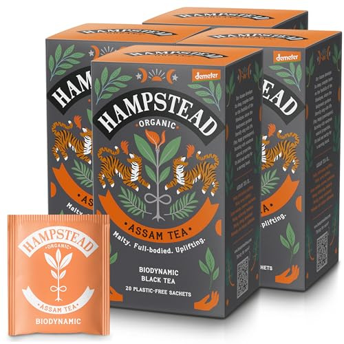 Hampstead Organic Assam Tea Bags (4 x 20), Bold Black Tea Infusion | With Rich Malty Notes, Plastic-Free Compostable Sachets