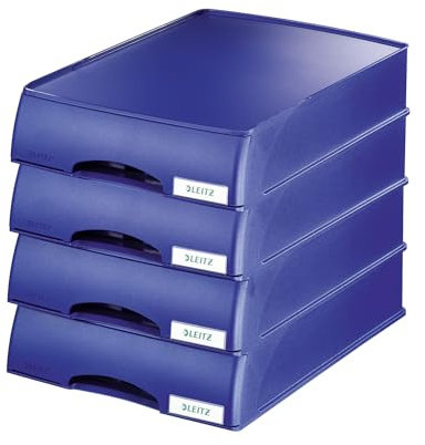 Leitz Briefkorb-Schublade A4, 4er Pack, Schubladenbox in Premium-Qualität für vertrauliche Unterlagen, Stapelbare Ablagefächer kombinierbar mit Briefkörben, Blau, Plus-Serie, 52100035