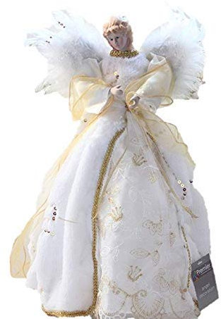 Puntale per albero di Natale con ali di piume d'angelo in pelliccia sintetica e paillettes, colore: oro e avorio