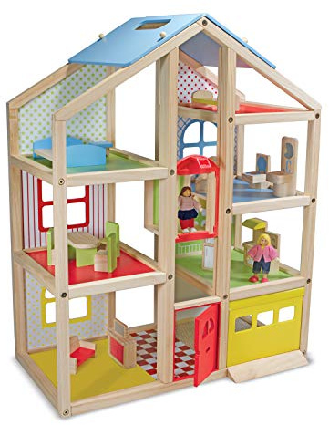 Melissa & Doug Wooden Hi-Rise Dollhouse with 15 Furniture Pieces, Garage, Working Elevator Preschool Dollhouse for Kids Ages 3+