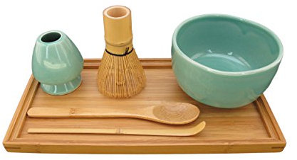 BambooMN Brand - Matcha Bowl Set (Includes Bowl, Rest,Tea Whisk, Chasaku, Tea Spoon & Tray) 1 Set Green
