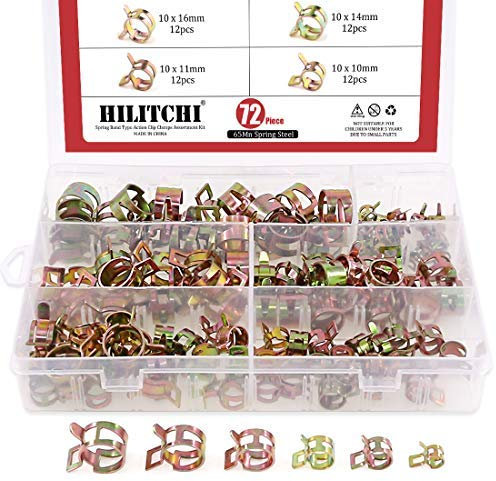 Hilitchi 72 pcs Spring Band Type Action Fuel/Silicone Vacuum Hose Pipe Clamp Low Pressure Air Clip Clamp (10 x 7mm 10mm 11mm 14mm 16mm 17mm)