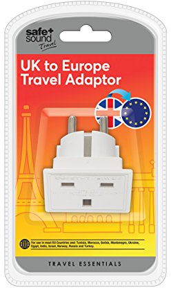 Safe and Sound European Travel Adaptor, Single Socket, UK 3 Pin to 2 Pin Converter, White