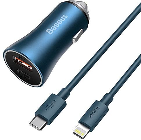 Baseus Golden Contactor Pro Lightning Car Car Charger Set Blue
