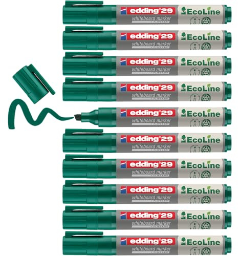 Edding 29 Ecoline Whiteboard Marker - Green - Box Of 10 Whiteboard Pens - Chisel Tip 1-5 mm - Whiteboard Pen Dry Wipe - For Whiteboards, Flipcharts, Pinboards, Memo Boards - Sketchnotes - Refillable,4-29004