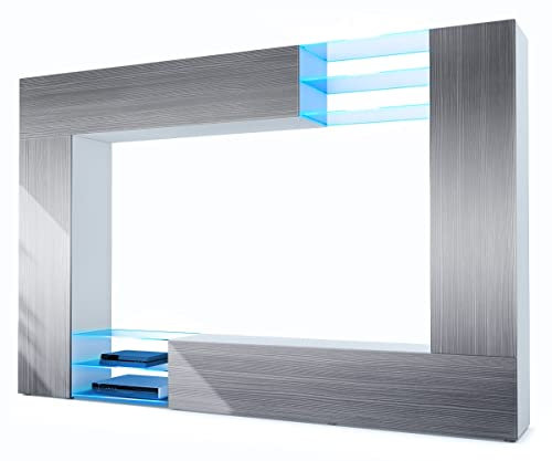 Vladon Wohnwand Mirage, Made in Germany, Anbauwand mit Rückwand mit 2 Türen, 2 Klappen und 6 offenen Glasablagen, Weiß matt/Avola-Anthrazit, inkl. LED-Beleuchtung (262 x 183 x 39 cm)