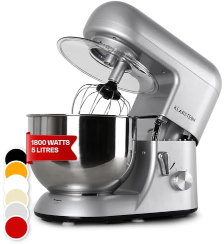 Klarstein Bella Argentea - Robot de Cocina, Batidora, Amasadora, 1200 W, 5,2 litros, 1,6 PS, Batido planetario, 6 Niveles de Velocidad, Recipiente de Acero Inoxidable, Plateado