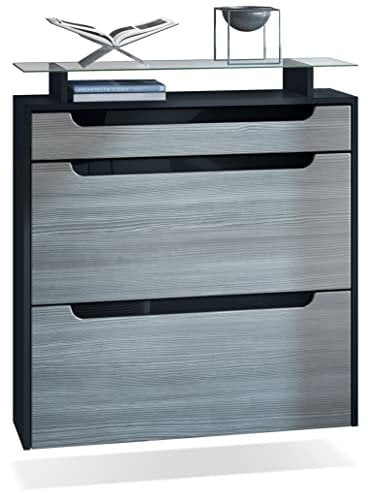 Vladon Schuhschrank Annie, Schuhkipper für 16 Paar Schuhe mit 2 Klappen, 1 Schublade und Glasablage, Schwarz matt/Avola-Anthrazit/Schwarz Hochglanz (89 x 96 x 23 cm)