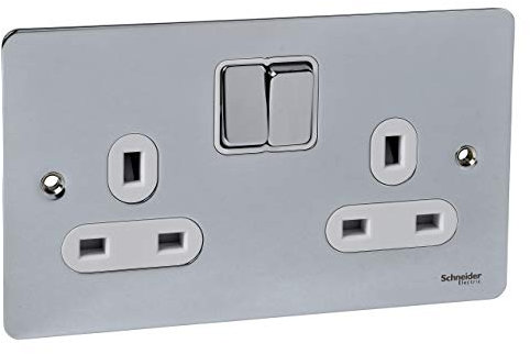 Schneider Electric Ultimate Flat Plate - Switched Double Power Socket, Double Pole, 13A, GU3220DWPC, Polished Chrome with White Insert, 2 Gangs