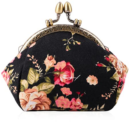 Oyachic Porte-Monnaie Femme en Toile Kiss Lock Coin Purse Portefeuille CLIC CLAC Retro Vintage Poche à Monnaie Motif de Fleur Rose (Noir)