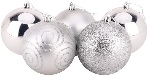 Christmas Concepts® 5er Pack - Extra große 100mm Christbaumkugeln - Glänzend, Matt & Glitterdekorierte Kugeln (Silber)