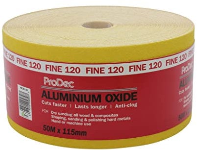 ProDec 50 m Rolle, feine, gelbes Aluminiumoxid-Schleifpapier mit Körnung 120 zum Schleifen von Holz, Farbe, Putz, Spachtelmasse, Metall & mehr; Schleifpapier, kompatibel mit Maschinenschleifern