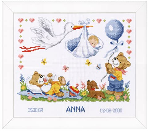 Vervaco Gezählter Kreuzstich Stickpackungen Stickset Baby Geburt Storch Wanddekoration Handarbeit Set für Erwachsene Kreatives Handwerk ca. 28 x 24 cm Geburt Geschenk Hausdeko