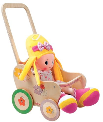 Dida Carrito de Muñecas de Madera con Flores - Cochecito para Muñecas hasta 35 cm, Juego de Roles para Niños de 2 a 4 Años, Ideal para Pequeños Padres