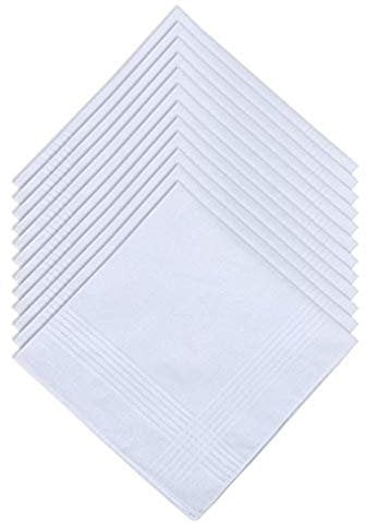 DUDU N GIRLIE Mens White Handkerchiefs Quality Cotton Gents Hankies - 12 Pack of Mans Handkerchieves Satin Border White 100% Soft Cotton Pocket Hanks