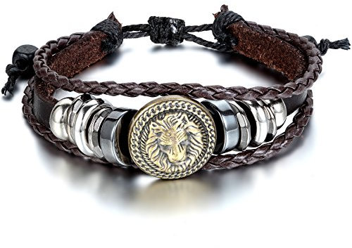 JewelryWe Schmuck Herren Damen Armband, Punk Rock Löwe Geflochten Charm Tribal Armreif, 21-30cm Verstellbaren Größen, Leder Legierung Baumwollseil, Braun Silber