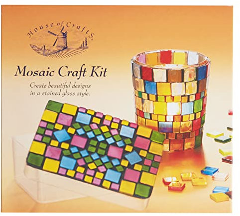 House of Crafts Mosaic Craft, Single Craft Kit Set, Multicoloured, Includes Candle Glass, Trinket Box, Crystaline Mosaic Pieces, Powdered Grout, Tweezers, PVA Glue, Glue/Grout Spreader, Instructions