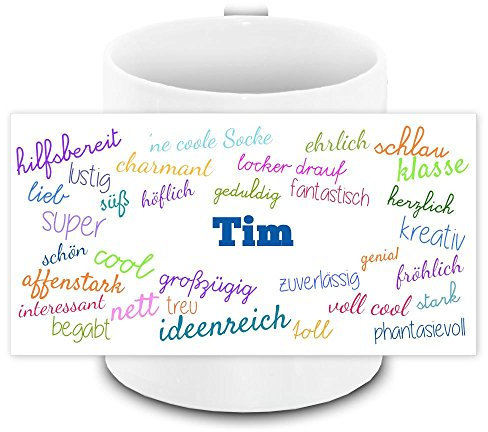 Tasse mit Namen Tim und positiven Eigenschaften in Schreibschrift, weiss | Freundschafts-Tasse - Namens-Tasse