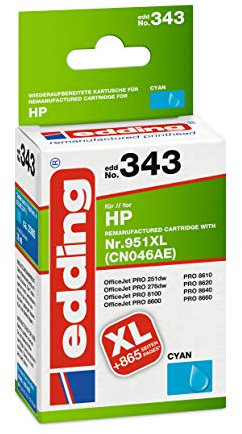 edding Druckerpatrone EDD-343 - Einzelpatrone - Cyan - 30 ml - Reichweite 2295 Seiten - Ersetzt HP 951XL (CN046AE)