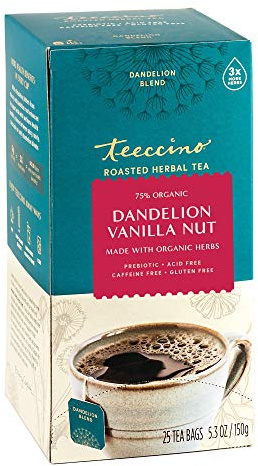 Teeccino Dandelion Herbal Tea - Vanilla Nut - Caffeine Free, Prebiotic, Gluten Free, 3x More Herbs - 25 Tea Bags