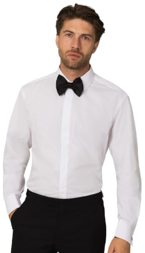 Dobell Mens White Tuxedo Dress Shirt Slim Fit Standard Collar Double Cuff Plain Fly Front