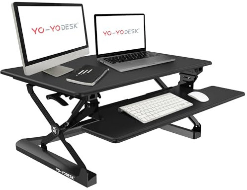 Yo-Yo Desk Standing Desk Converter - Transform Any Desk Into a Sit-Stand Workstation - Height Adjustable Riser for Single or Dual Monitor - Ergonomic Tabletop with Keyboard Tray, 90cm Wide (Black)