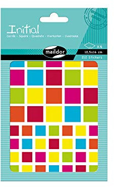 Maildor AE043O Packung Stickers Initial, 4 Bögen 10,5 x 16 cm, 212 Stickers, ideal für Kinder ab 5 Jahren, bunte Quadraten