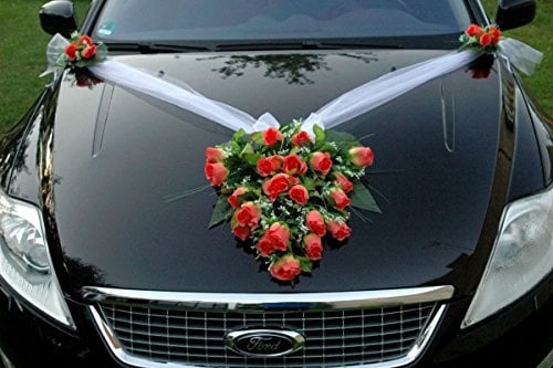 Spitze STRAUß Auto Schmuck Braut Paar Rose Deko Dekoration Autoschmuck Hochzeit Car Auto Wedding Deko PKW (Lachs)