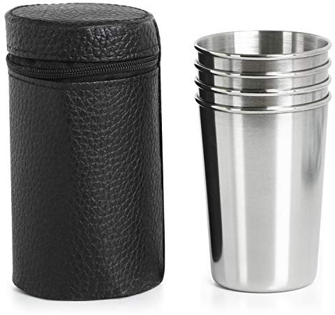 TRIXES 4 Pcs 175ml Compact Travel Stainless Steel Tumbler Glasses with PU Leather Pouch - Camping Travel Cup Mug Coffee Tea Drinking Portable Cups