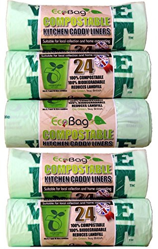 5 x Eco Bag Pack Of 24 Compostable Kitchen Caddy Bin Liners Food Waste Bin Bags 10L