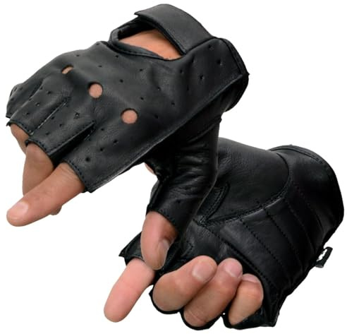 Milwaukee Leather SH195 Men's 'Open Knuckles' Black Leather Fingerless Gloves with Gel Palm - Large