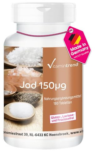 Iode 150mcg - ! POUR 6 MOIS ! - Iodure de Potassium - 100% Végan - 180 comprimés d’Iode – Contribue au métabolisme énergétique normal et à la fonction thyroïdienne normale | Vitamintrend®
