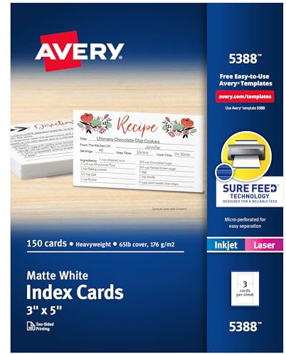 Avery Printable 3 x 5 Cards, 150 Blank Index Cards - Great for Recipe Cards and Flashcards (5388), White