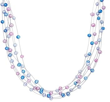 Valero Pearls Damen mehrreihige Perlenhalskette Süßwasser-Zuchtperlen 5-6 mm blau/violett/silbergrau 925 Sterling Silber - Edelstahldraht