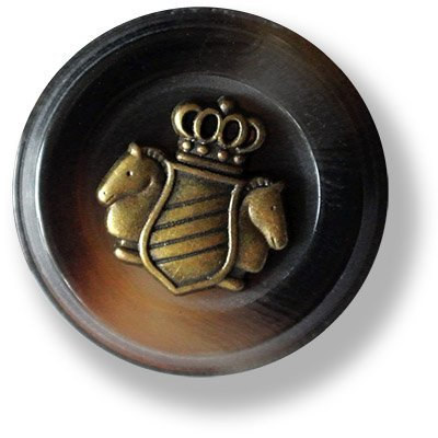 8er Set noble braun melierte Kunststoff Knöpfe in Horn-Optik mit altmessingfb. Metall Applikation mit/Gekröntes Wappen flankiert von zwei Pferden/braun meliert in Horn-Optik altmessingfarben / /