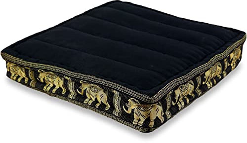 livasia Sitzkissen Boden Thaiseide - 50x50x10cm - Bodenkissen Indoor/Outdoor, Meditationskissen Yogakissen, Stuhlauflage Palettenmöbel, Steppkissen Bank handgefertigt (Schwarz/Elefanten Seide)