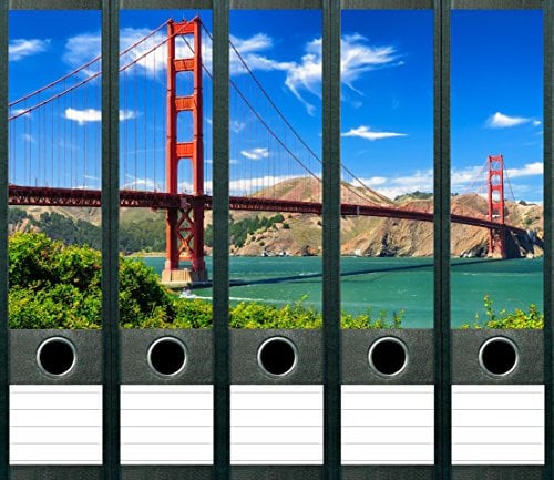LYSCO 5 Stück Golden Gate Bridge Aufkleber für breite Ordnerrücken Ordneraufkleber Etiketten selbstklebend, Golden Gate Bridge, San Fransisco - Kalifornien
