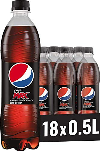 Pepsi Max, Das zuckerfreie Erfrischungsgetränk von Pepsi ohne Kalorien, Koffeinhaltige Cola in der Flasche (18 x 0,5l)