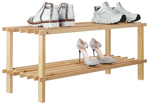 Premier Housewares 2 Tier Cedar Wood Shoe Rack | Under Stairs Shoe Storage Solution | Wooden Shoe Stand for Home, Office | Compact Shoe Organizer Storage for Clutter Free Space