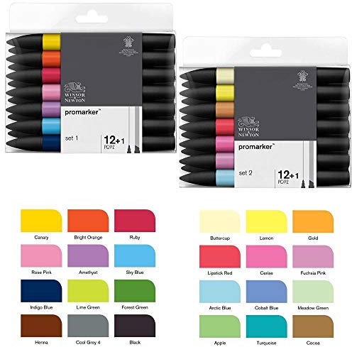 Bundle Buy - Letraset Promarker 12 Pen Set One & Promarker 12 Pen Set Two - Plus 1 Blender Pen in Each Set (Total 26 Pens)